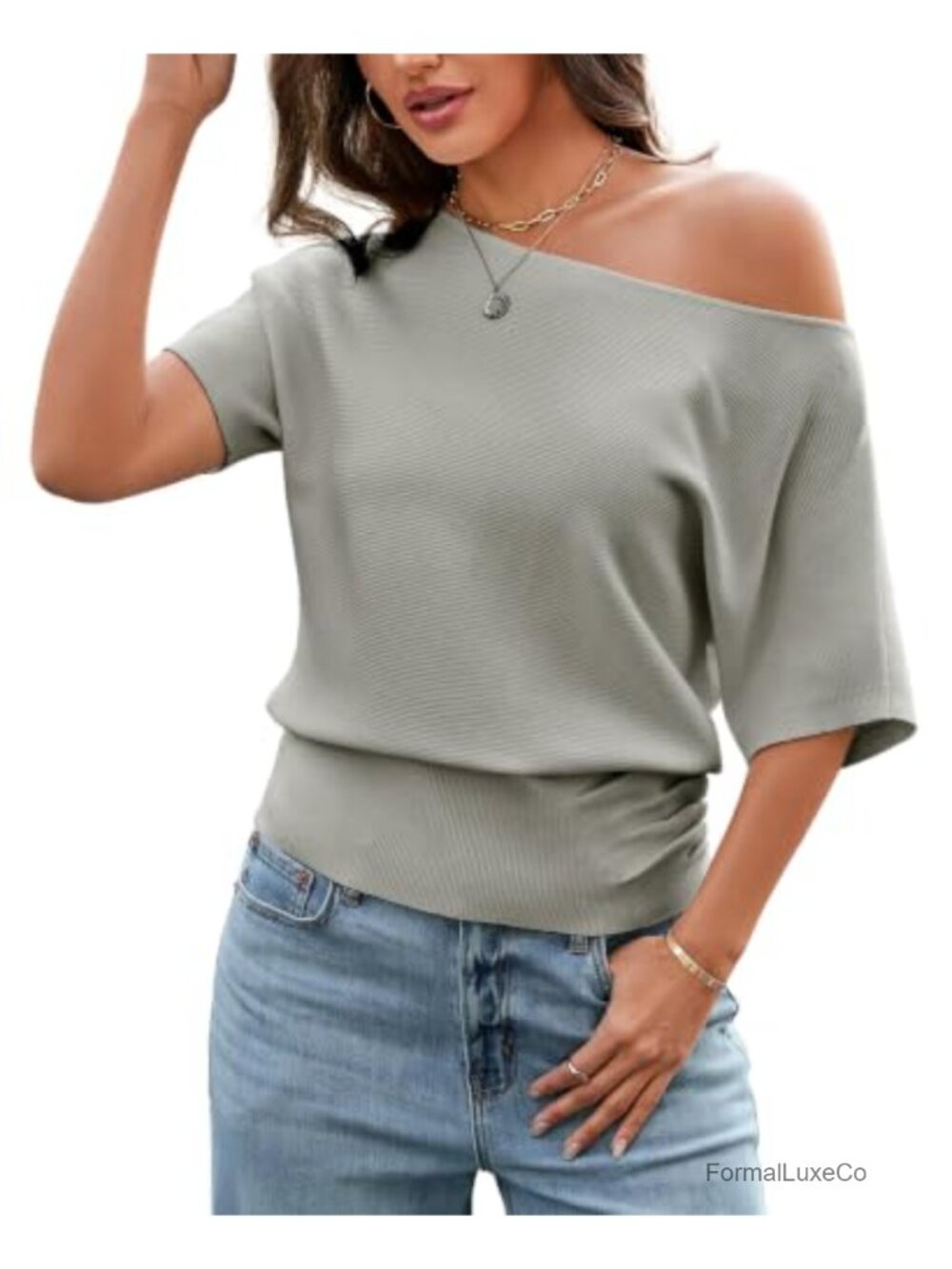 Women's Off Shoulder Batwing Knit Top Short Sleeve Ruched Waist Date Night